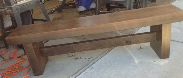 Here is the finished bench. The trestle is reclaimed wood that is over 100 years old and came from a railroad repair station in Los Angeles. I used most of it for a countertop in our house and this was a scrap I had left over.